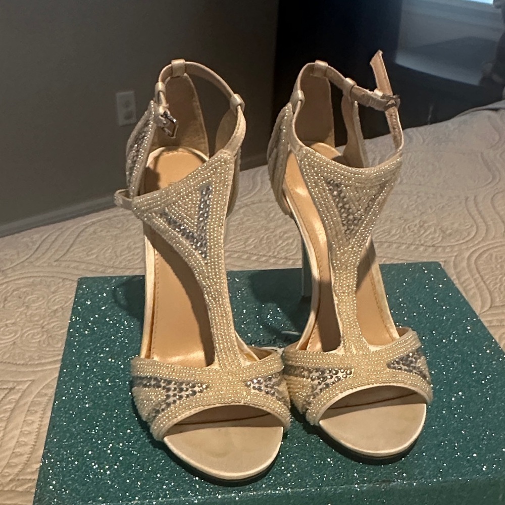 Betsey Johnson Champagne T-Strap Embellished Heels